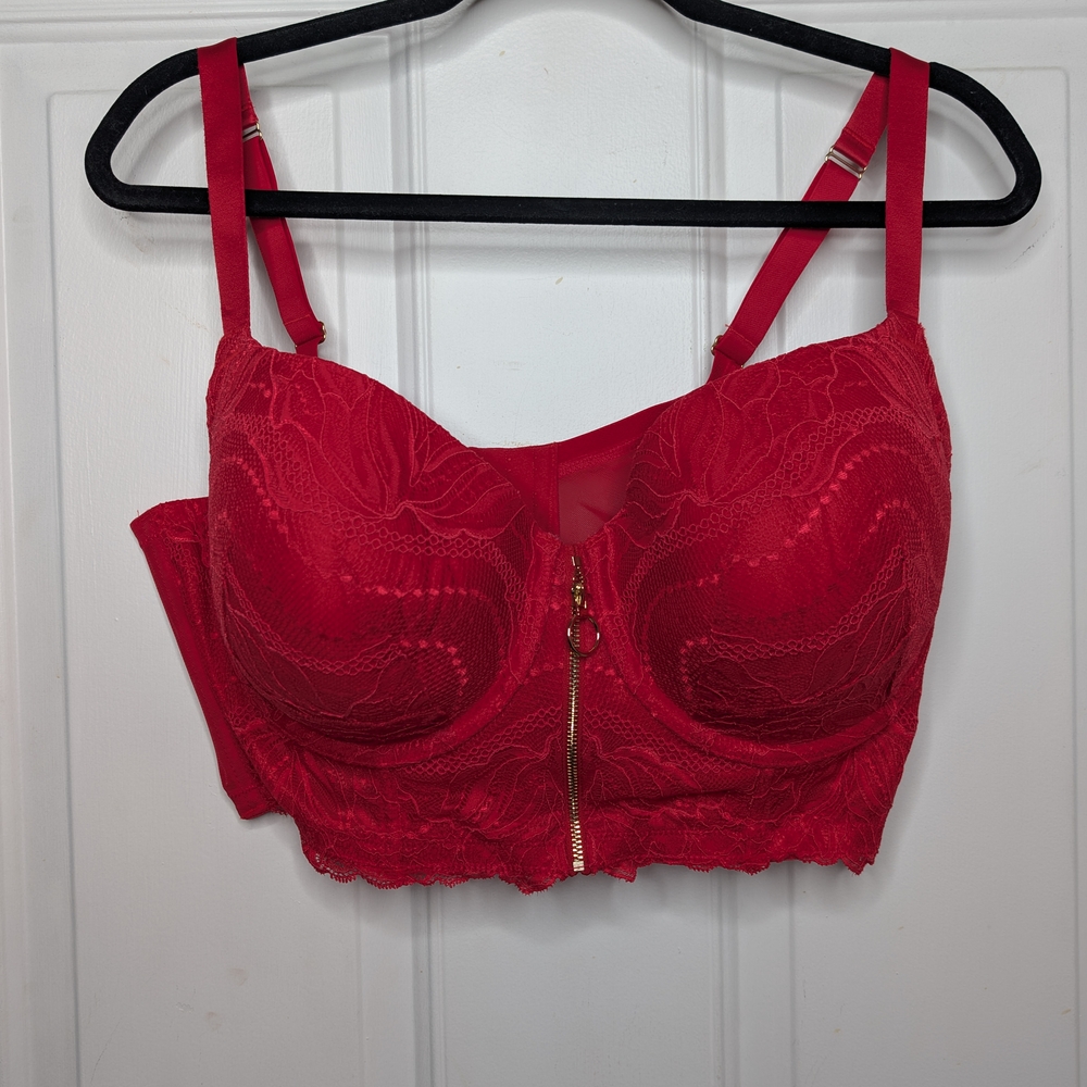 Cacique Red Lace Longline Zip-Front Bra